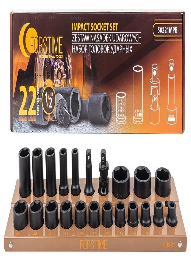 Forstime 22-Piece Impact Socket Set | 1/2-Inch Drive | Chrome Molybdenum Steel (Cr-Mo) | Heavy-Duty 6-Point Socket Set for Automotive & Garage Use - Image 1
