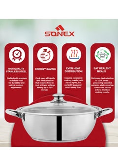SONEX SONEX Mega Wok/Kadai, 22 cm (2 Ltr) Stainless Steel – Glass Lid with Steam Vent, Durable Handles, Sandwich Bottom for Even Heating, Sleek Modern Design for Efficient and Stylish Cooking  - Image 4