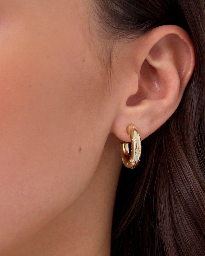 PAVOI 14K Yellow Gold Plated Star Shine Hoop Earrings for Women | Cubic Zirconia Celestial Chunky Hoops Earrings | 20mm - Image 2