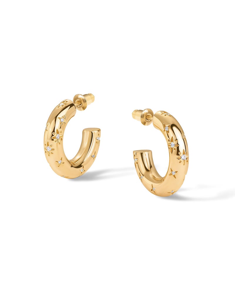 PAVOI 14K Yellow Gold Plated Star Shine Hoop Earrings for Women | Cubic Zirconia Celestial Chunky Hoops Earrings | 20mm - Image 3