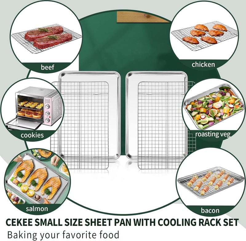 CEKEE Small Baking Sheet with Rack Set [2 Cookie Sheets + 2 Baking Racks], Stainless Steel Small Baking Pan and Grill Rack - Rust & Warp Resistant & Nonstick, Size 9.33 x 6.96 x 1 Inch - Image 5