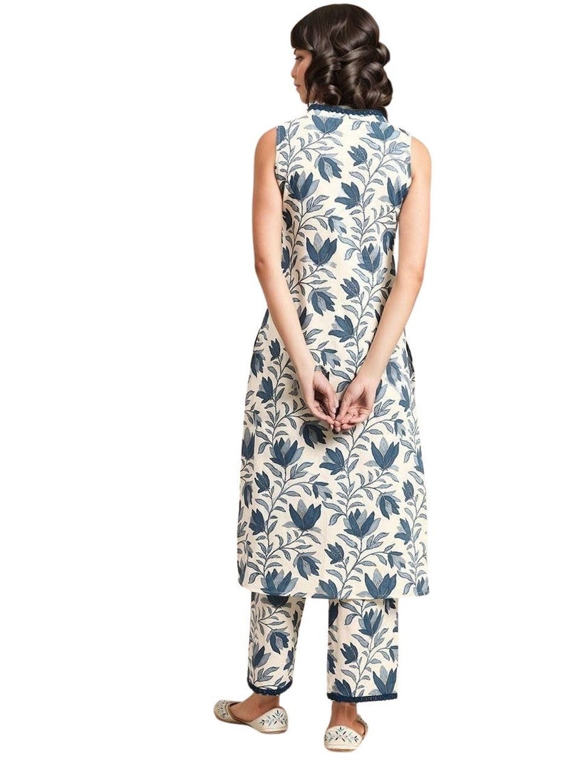rytras Women's Cotton Printed Straight Kurta and Pant Set(Beige,M) - Image 2