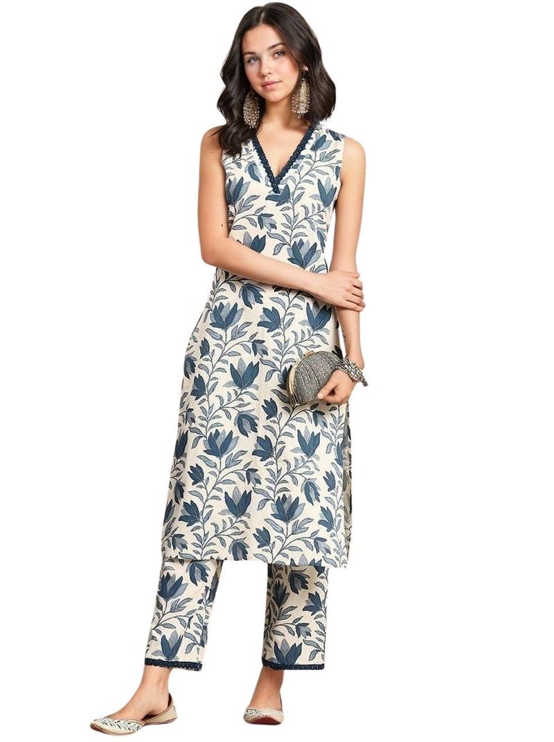 rytras Women's Cotton Printed Straight Kurta and Pant Set(Beige,M) - Image 4