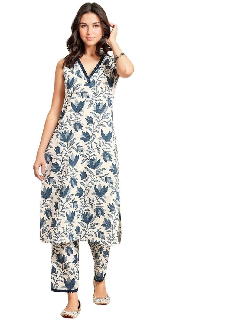 rytras Women's Cotton Printed Straight Kurta and Pant Set(Beige,M) - Image 1
