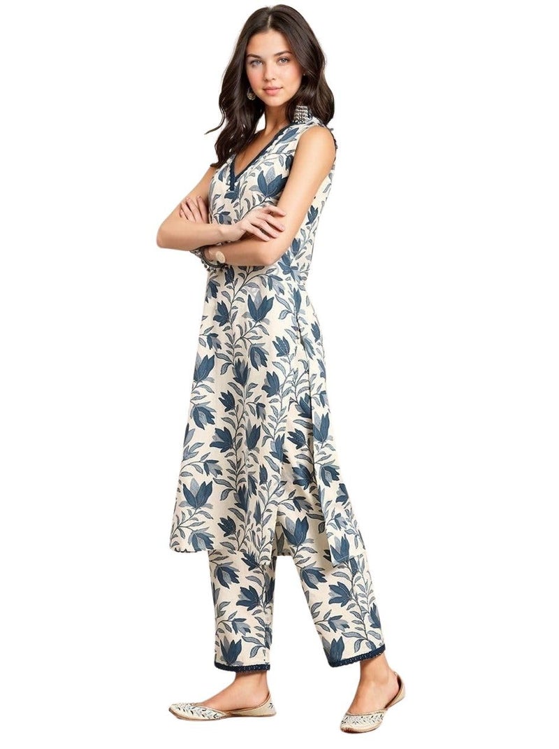 rytras Women's Cotton Printed Straight Kurta and Pant Set(Beige,M) - Image 3