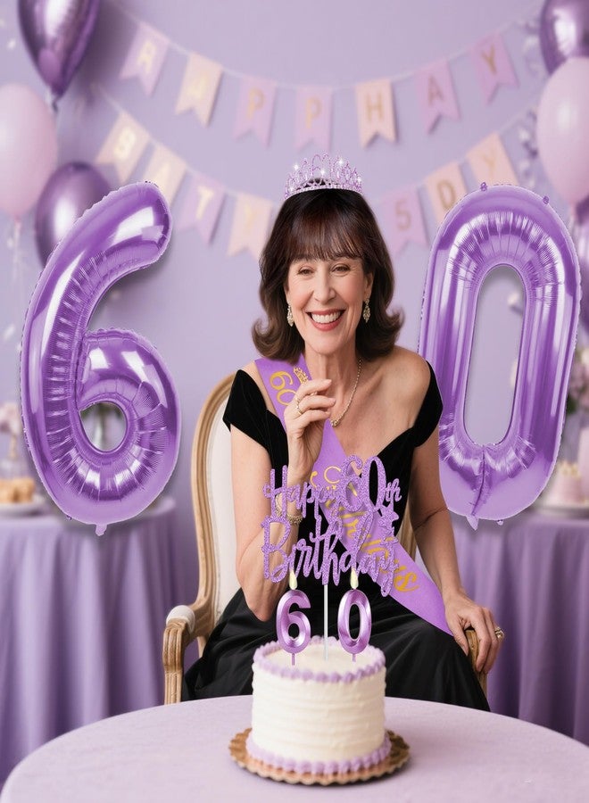 YeohJoy 60th Birthday Decorations for Women Purple with 60th Birthday Sash and Crown, Cake Topper and Candles, Number Balloons, 60 Year Old Gifts for Women - Image 2