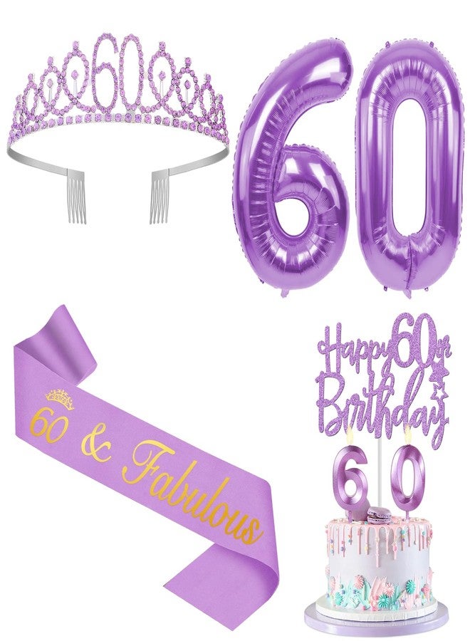 YeohJoy 60th Birthday Decorations for Women Purple with 60th Birthday Sash and Crown, Cake Topper and Candles, Number Balloons, 60 Year Old Gifts for Women - Image 1