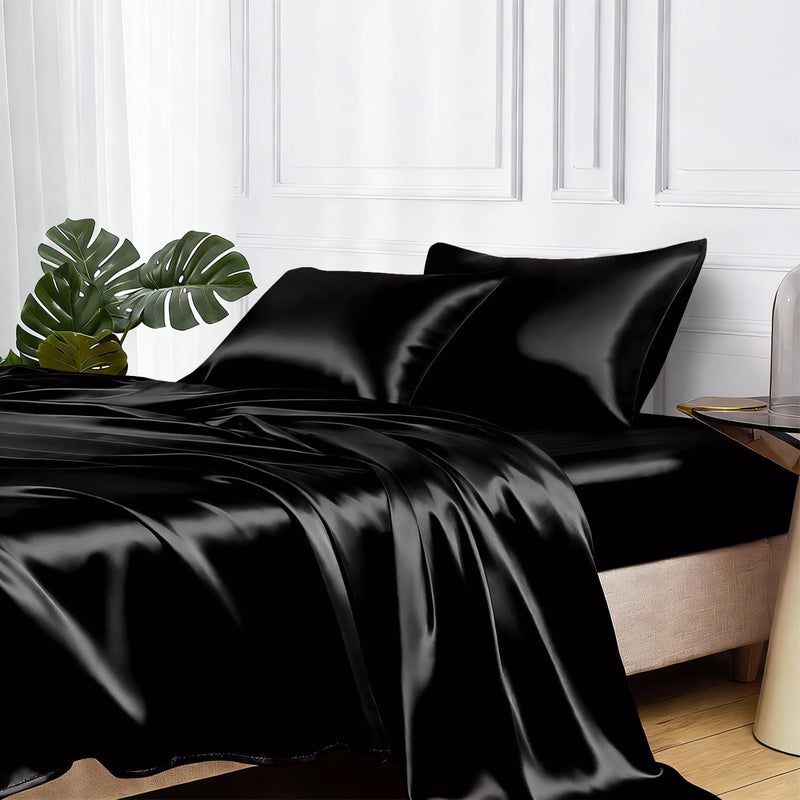 MR&HM Satin Bed Sheets, Twin XL Size Sheets Set, 3 Pcs Silky Bedding Set with 15 Inches Deep Pocket for Mattress (Twin XL, Black) - Image 1