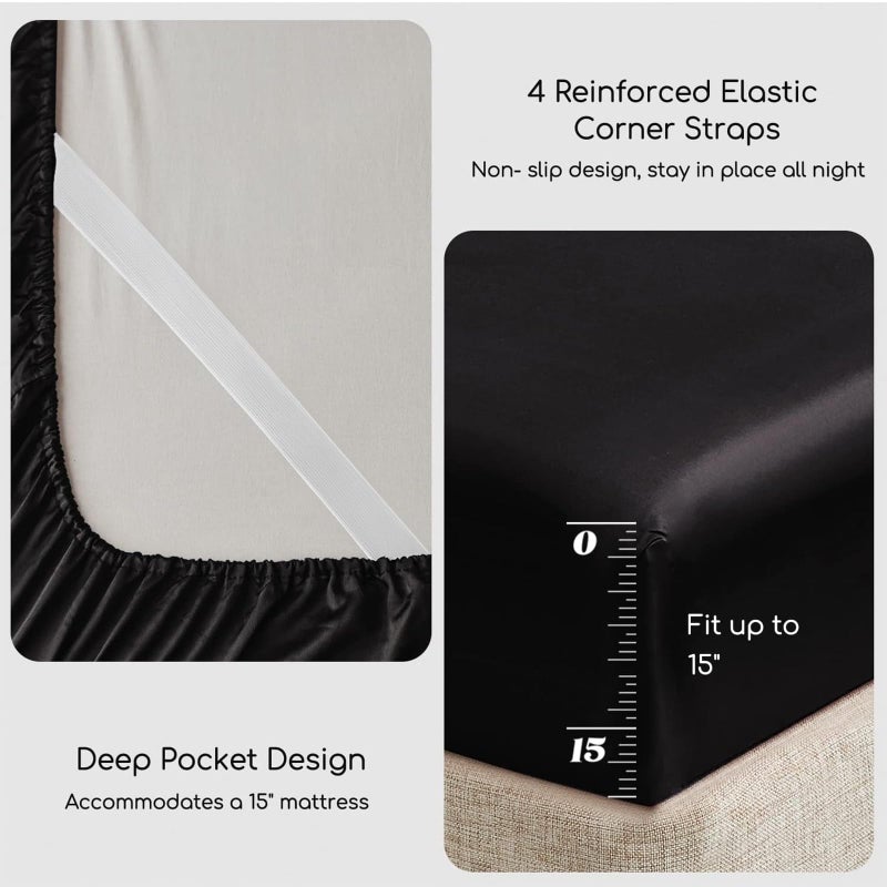 MR&HM Satin Bed Sheets, Twin XL Size Sheets Set, 3 Pcs Silky Bedding Set with 15 Inches Deep Pocket for Mattress (Twin XL, Black) - Image 4