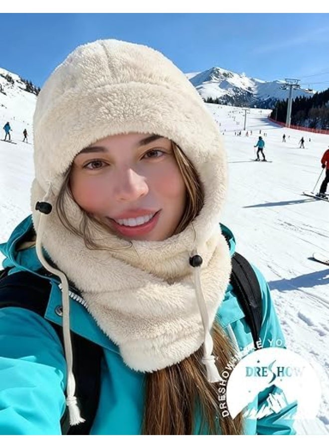 SYOSI Thermal Fleece Balaclava, Windproof Ski Mask with Adjustable Drawstring and Neck Warmer, Cold Weather Face Cover for Skiing, Snowboarding, Motorcycling, Hiking, Outdoor Work (M Size, White) - Image 3