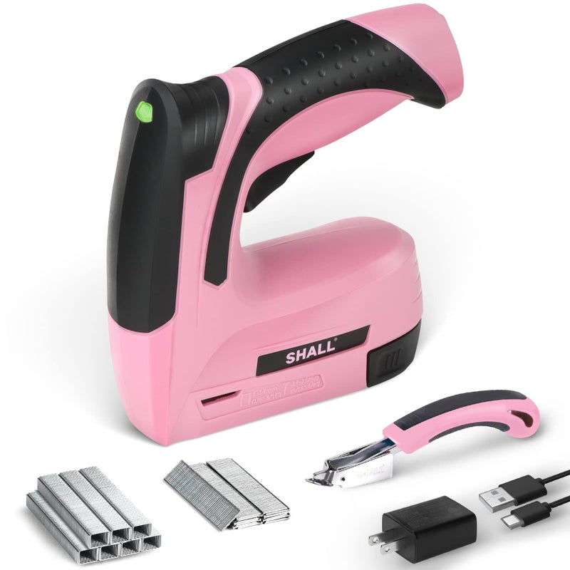 SHALL Pink Electric Staple Gun 2 in 1 Cordless Upholstery Stapler Nail Gun for Wood 4V Rechargeable Brad Nailer Kit w 2500 Staples Nails Staple Remover Fast Charger for Crafts DIY Decoration