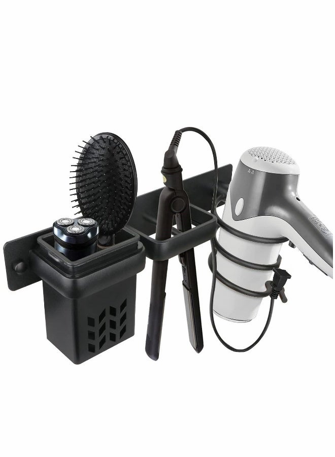 Hair Dryer Holder Wall Mounted Blow Bathroom Styling Care Tool Organizer for Straighteners Space Saving Storage Bracket with Plug Hook & Cup - Image 1