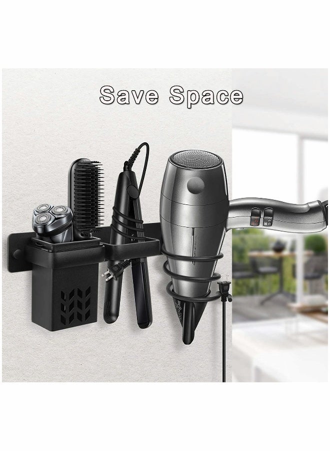 Hair Dryer Holder Wall Mounted Blow Bathroom Styling Care Tool Organizer for Straighteners Space Saving Storage Bracket with Plug Hook & Cup - Image 2