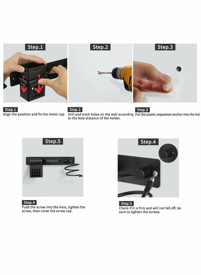 Hair Dryer Holder Wall Mounted Blow Bathroom Styling Care Tool Organizer for Straighteners Space Saving Storage Bracket with Plug Hook & Cup - Image 5