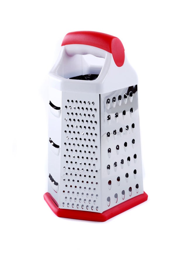 Royalford 6 Sided Grater Stainless Steel Multiple Cutting Style With 4 Different Blades Dishwasher Safe 14.7X11.7X22.7Cm Multicolor Silver With White And Red Handle - Image 1