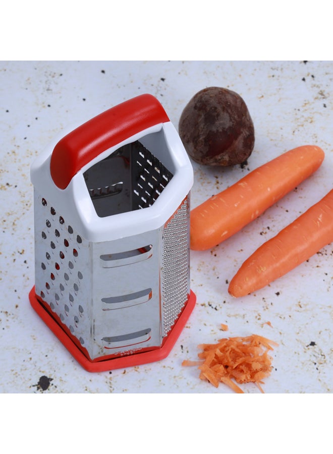 Royalford 6 Sided Grater Stainless Steel Multiple Cutting Style With 4 Different Blades Dishwasher Safe 14.7X11.7X22.7Cm Multicolor Silver With White And Red Handle - Image 3