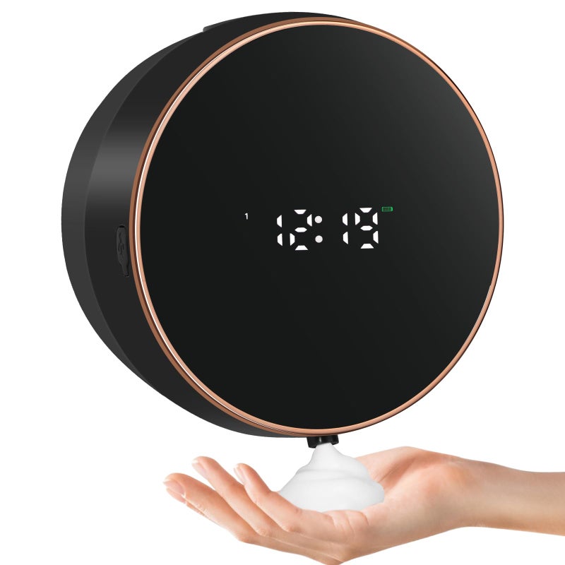 Automatic Soap Dispenser Foam Bathroom Wall Mount Rechargeable Touchless Adjustable Auto Smart Electric Plastic Black Foaming Soap Dispenser with Clock  Kitchen  Hand Dish Lotion Couple Kids