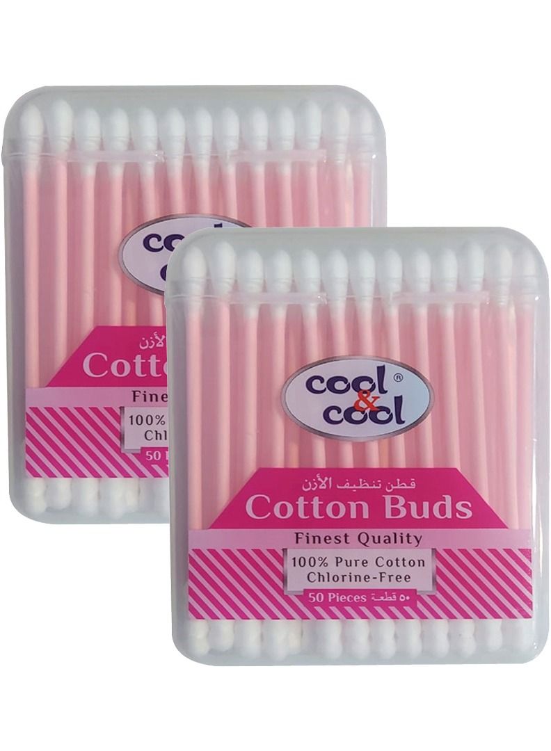 Cool & Cool Cool & Cool Paper Ear Buds- 50's (Twin Pack) - Pink - Round Thick Tips,Cotton Swabs,100% Cotton,Double Tipped,Hygienic,Gentle & Safe Swabs for Ears - 100 Pieces - Assorted - Image 1