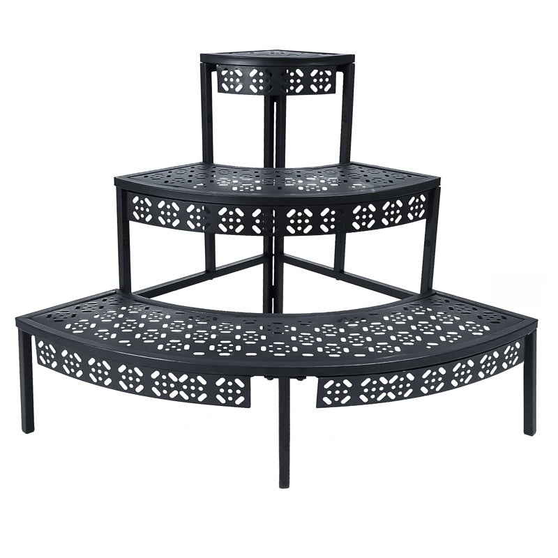 aboxoo 3 Tier Plant Stand Flower Pot Rack, Metal Stair-Step Style Corner Shelf Planters, Quarter Round Display Holder for Indoor Outdoor Use(Black, Semicircle) - Image 1