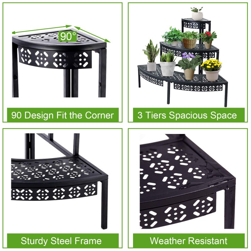 aboxoo 3 Tier Plant Stand Flower Pot Rack, Metal Stair-Step Style Corner Shelf Planters, Quarter Round Display Holder for Indoor Outdoor Use(Black, Semicircle) - Image 4