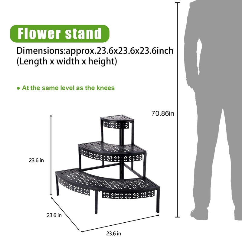 aboxoo 3 Tier Plant Stand Flower Pot Rack, Metal Stair-Step Style Corner Shelf Planters, Quarter Round Display Holder for Indoor Outdoor Use(Black, Semicircle) - Image 2