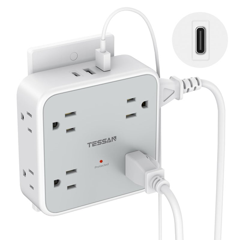 TESSAN Multi Plug Outlet Extender, TESSAN Outlet Splitter with 8 Sockets and 3 USB (1 USB C), Wall Surge Protector with Power Switch, 3 Sided Multiple Wall Plug Extender for Home, Dorm Room, Office - Image 1