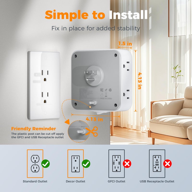TESSAN Multi Plug Outlet Extender, TESSAN Outlet Splitter with 8 Sockets and 3 USB (1 USB C), Wall Surge Protector with Power Switch, 3 Sided Multiple Wall Plug Extender for Home, Dorm Room, Office - Image 2