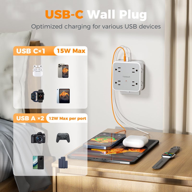 TESSAN Multi Plug Outlet Extender, TESSAN Outlet Splitter with 8 Sockets and 3 USB (1 USB C), Wall Surge Protector with Power Switch, 3 Sided Multiple Wall Plug Extender for Home, Dorm Room, Office - Image 4