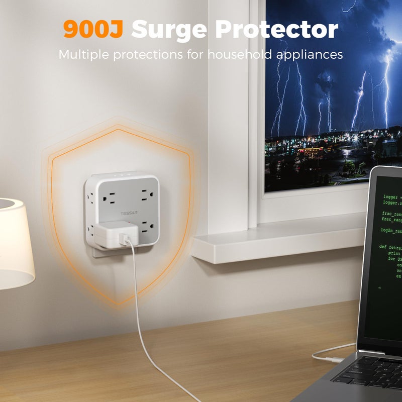 TESSAN Multi Plug Outlet Extender, TESSAN Outlet Splitter with 8 Sockets and 3 USB (1 USB C), Wall Surge Protector with Power Switch, 3 Sided Multiple Wall Plug Extender for Home, Dorm Room, Office - Image 5