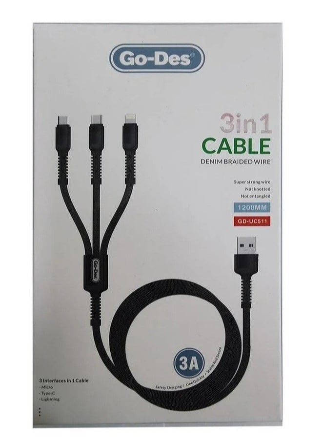 Go-Des 3-in-1 Fast Charging Data Cable: Type-C, iOS, and Micro USB, 3A, 1.2M GD-UC511V - Image 3