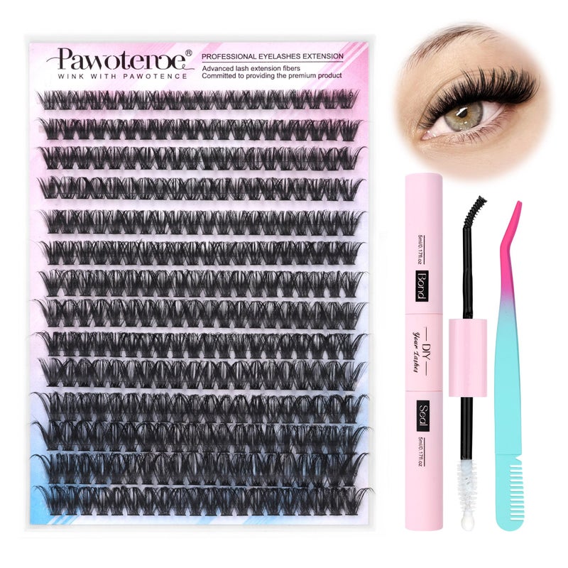 Pawotence Lash Extension Kit DIY 280pcs Individual Lash Clusters Kit 50D 916mm Cluster Eyelash Extensions Kit with Lash Bond and Seal Lash Tweezers for Self Application 50D 007D 916mm Kit