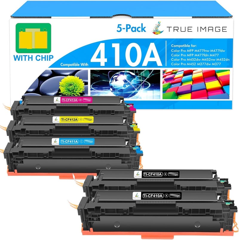 TRUE IMAGE Compatible M452DW Toner Cartridge Replacement for HP 410A 410X for HP Color Pro MFP M477fnw M477fdw M477fdn M452dw M452nw M452dn M477 Toner Printer (Black Cyan Yellow Magenta, 5-Pack) - Image 1
