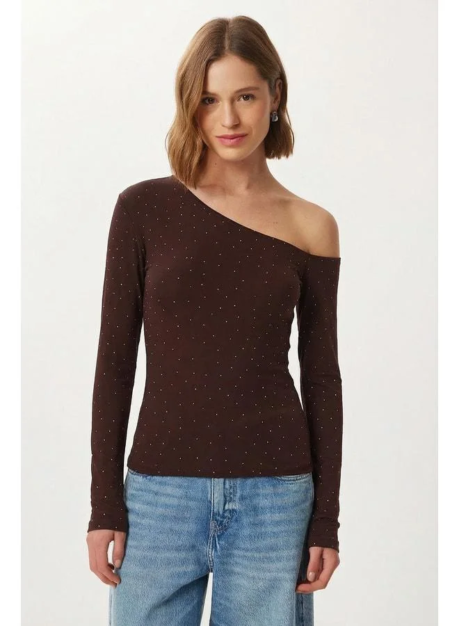 Lovely Istanbul Off-Shoulder Stone-Detail Knitted Blouse LDZ0071 Brown