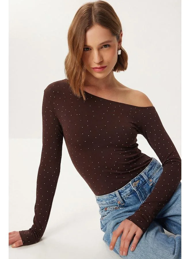 Lovely Istanbul Off-Shoulder Stone-Detail Knitted Blouse LDZ0071 Brown