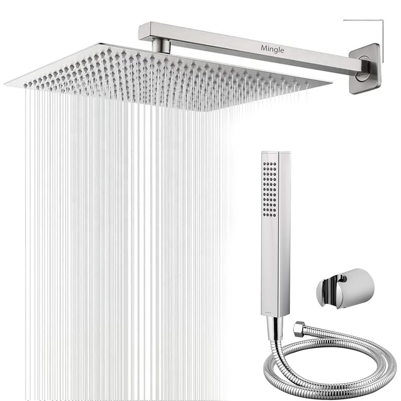 MINGLE Mirror Stainless Steel 304 Round Ultra Slim High Pressure Rainfall Shower Head for bathroom With Arm Shower (Pack of 1) (8 INCH SHOWER 12 SQ WITH HAND SHOWER) - Image 1