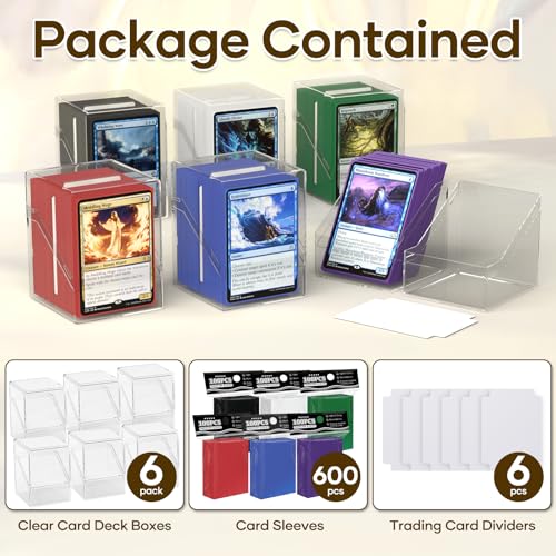 YSCARE 6 Pack Card Deck Boxes, Clear Commander Deck Case with 600Pcs Card Sleeves and Dividers, Standard Size Cards Storage Box Perfect Fit for MTG, Sport, Trading Cards (6 colors) - Image 4