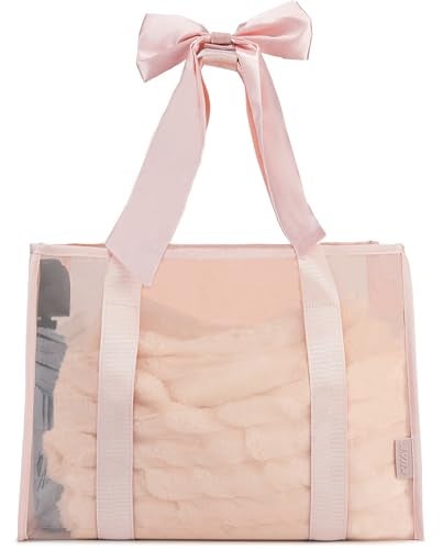 KUAK Beach Bags for Women Pink Large Beach Tote with Bow Iridescent Clear Waterproof Sandproof TipProof Foldable with Inner Zipper Pocket for Swim Pool Beach Essentials - Image 1