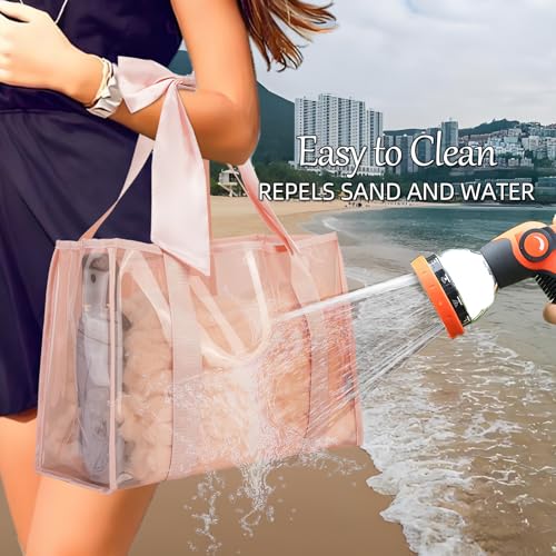 KUAK Beach Bags for Women Pink Large Beach Tote with Bow Iridescent Clear Waterproof Sandproof TipProof Foldable with Inner Zipper Pocket for Swim Pool Beach Essentials - Image 3