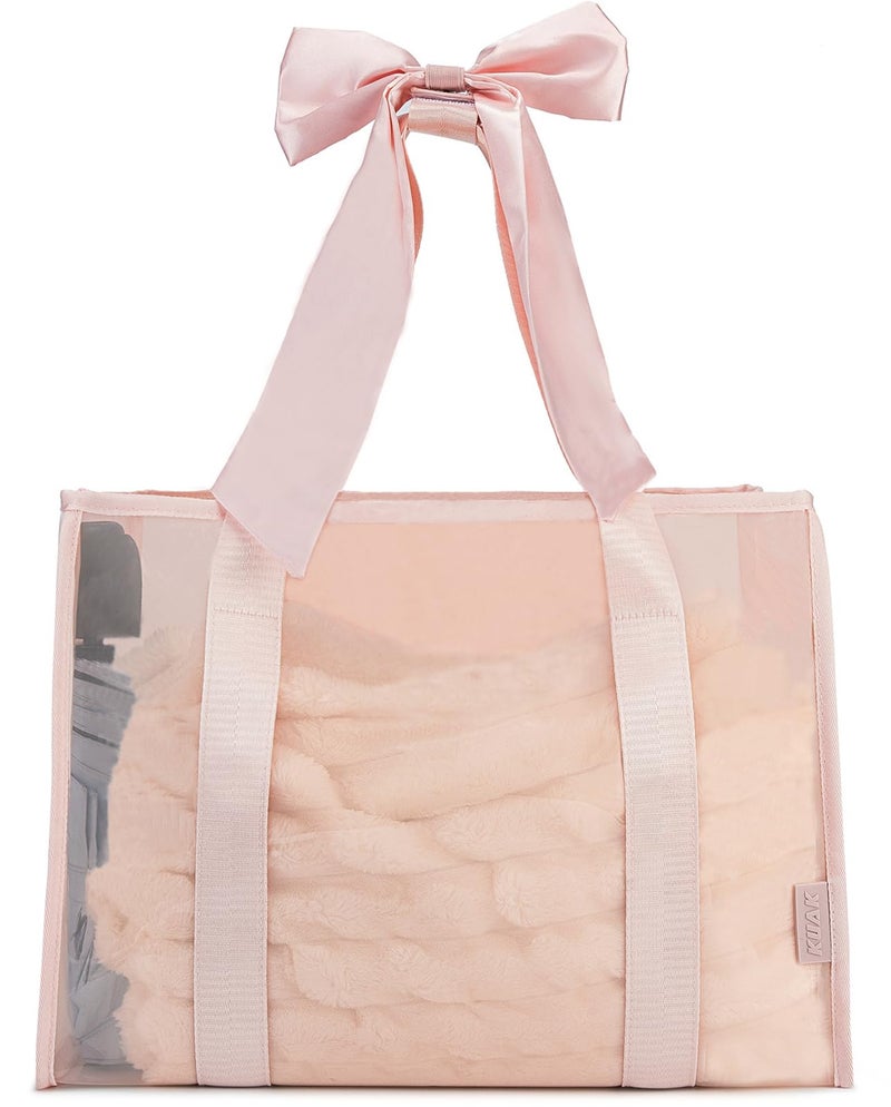 KUAK Beach Bags for Women Pink Large Beach Tote with Bow Iridescent Clear Waterproof Sandproof TipProof Foldable with Inner Zipper Pocket for Swim Pool Beach Essentials - Image 2