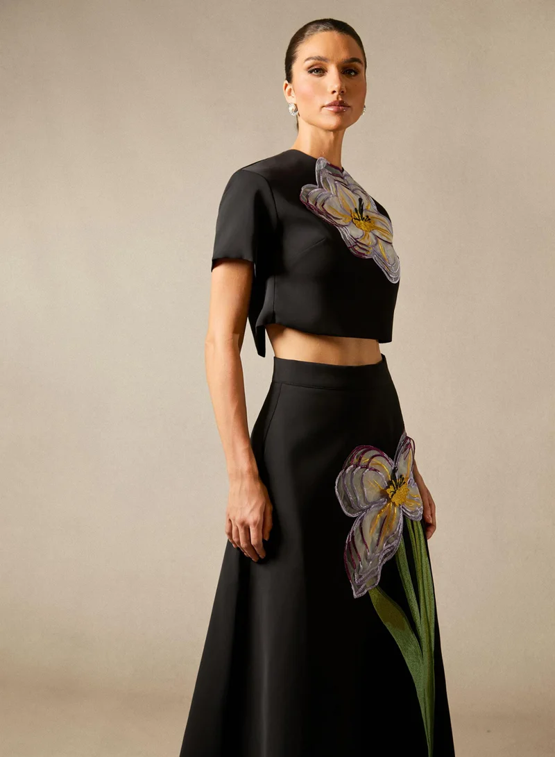 Sunfere Black Angelica Floral Applique Short Sleeve Top & Skirt Set for Women | Best Price UAE