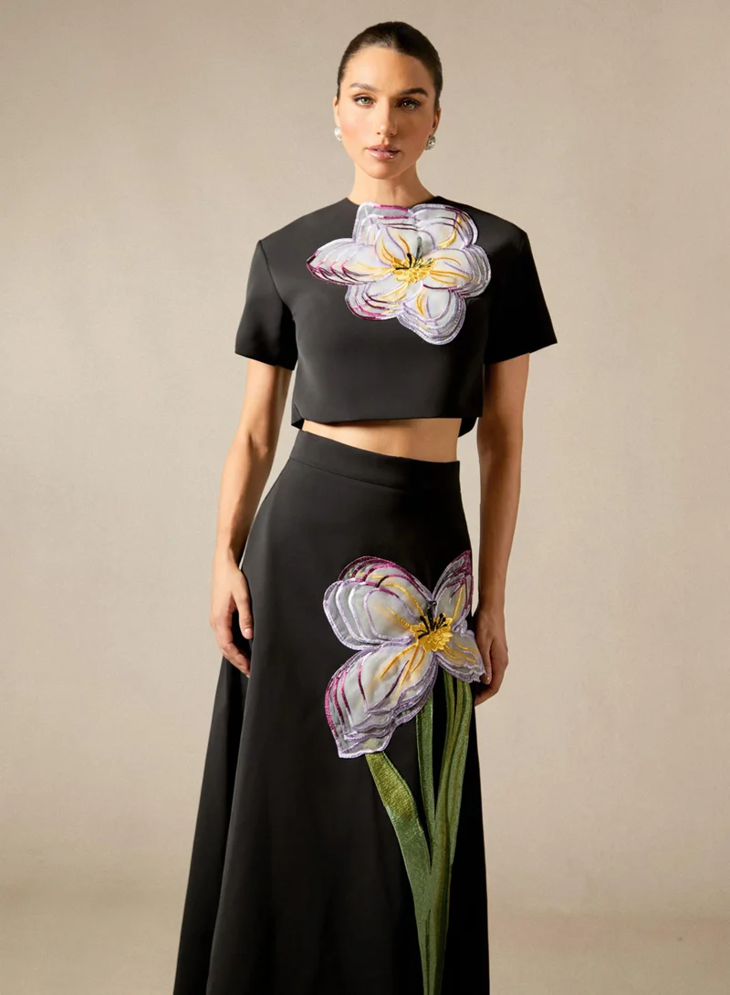 Sunfere Black Angelica Floral Applique Short Sleeve Top & Skirt Set for Women | Best Price UAE