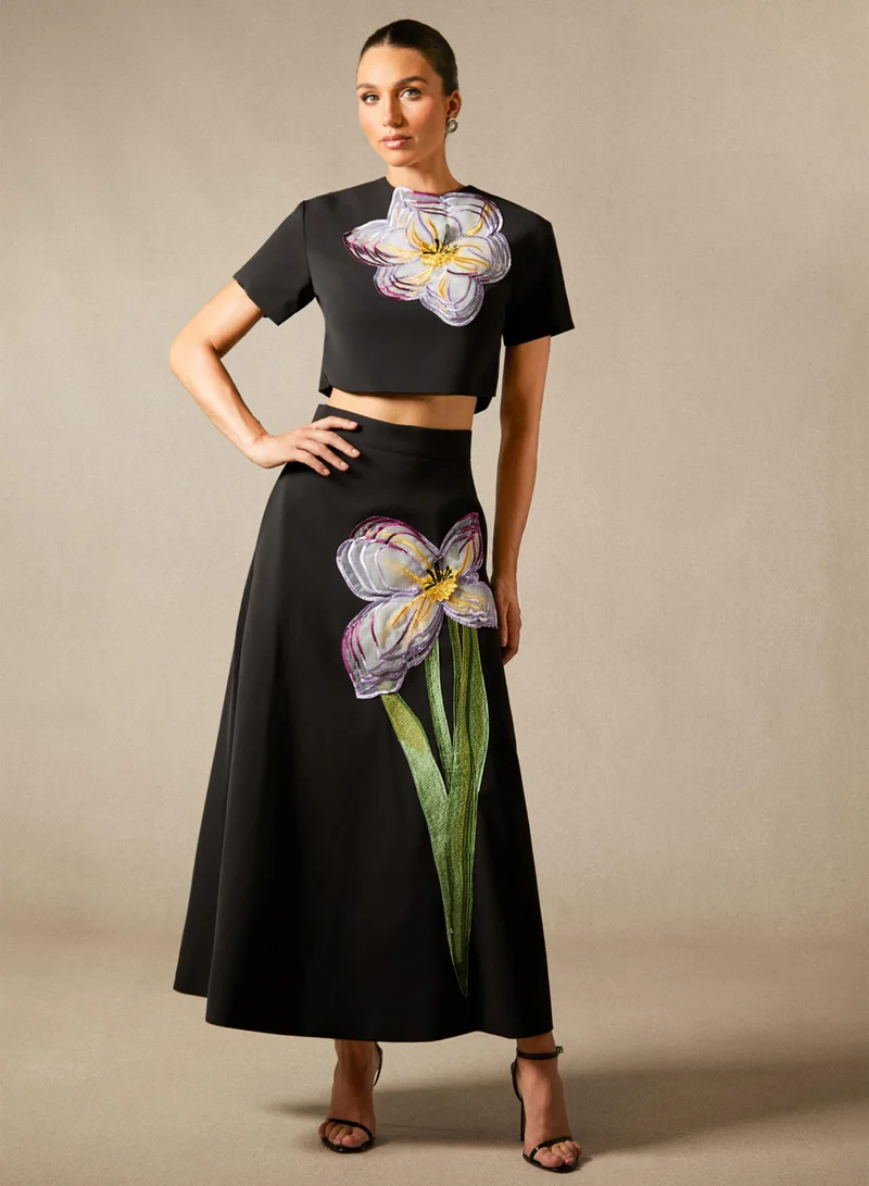 Sunfere Black Angelica Floral Applique Short Sleeve Top & Skirt Set for Women | Best Price UAE