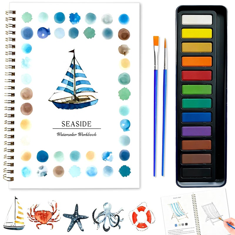 VRSHMB Watercolor Workbook for Beginners MultiTheme Designs with 12Color Palette and 2 Brushes Professional BleedResistant Paper Suitable for Adults and Kids Gift Watercolor Book Sailboat - Image 2