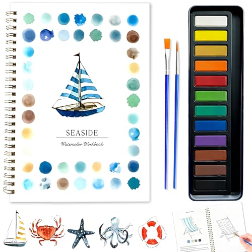 VRSHMB Watercolor Workbook for Beginners MultiTheme Designs with 12Color Palette and 2 Brushes Professional BleedResistant Paper Suitable for Adults and Kids Gift Watercolor Book Sailboat - Image 1