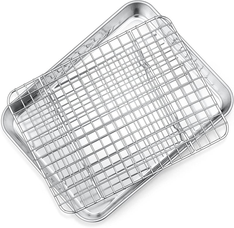 P&P CHEF 9 Inch Toaster Oven Pan with Rack Set, Stainless Steel Baking Pan Tray and Grid Cooling Rack for Cooking/Roasting, Dishwasher Safe & Easy to Clean, Non-toxic & Sturdy, (2Pcs) - Image 1