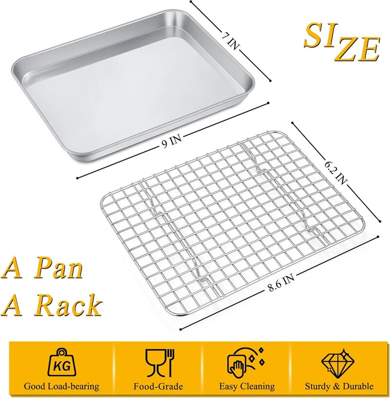 P&P CHEF 9 Inch Toaster Oven Pan with Rack Set, Stainless Steel Baking Pan Tray and Grid Cooling Rack for Cooking/Roasting, Dishwasher Safe & Easy to Clean, Non-toxic & Sturdy, (2Pcs) - Image 2