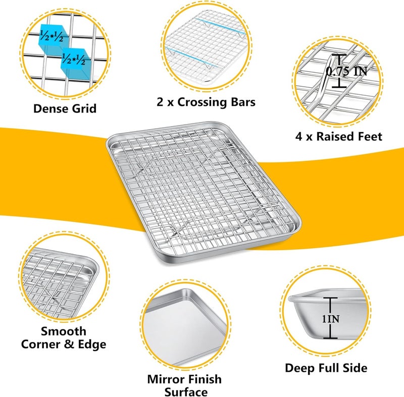 P&P CHEF 9 Inch Toaster Oven Pan with Rack Set, Stainless Steel Baking Pan Tray and Grid Cooling Rack for Cooking/Roasting, Dishwasher Safe & Easy to Clean, Non-toxic & Sturdy, (2Pcs) - Image 3