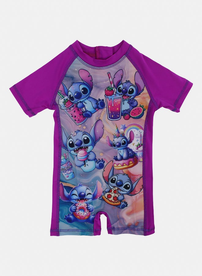 I.Wear I.Wear Girls Overall Swimsuit – Purple with Stitch Print - Image 1