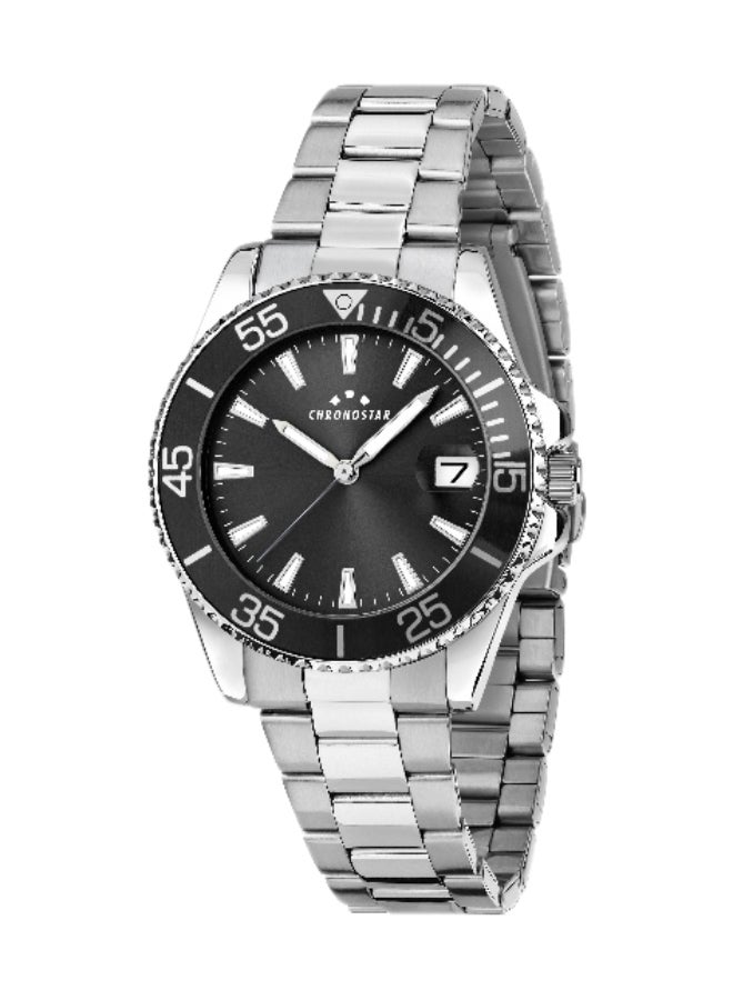Chronostar Men's Black Round Analog Dial with Silver Stainless Steel Band Watch - 37mm - R3753330001 - Image 1