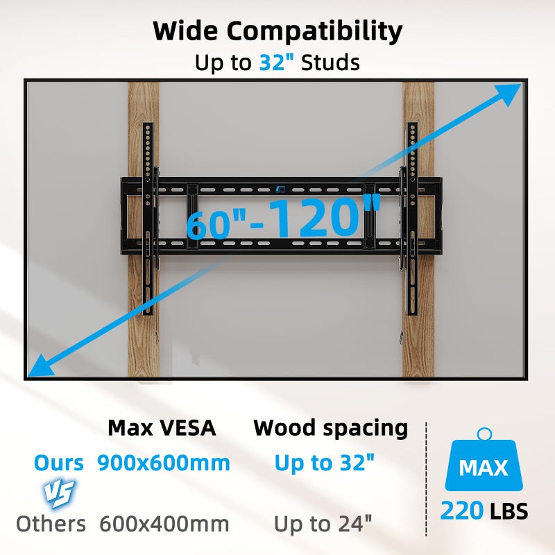 HOME VISION Heavy Duty TV Wall Mount for Large TVs 60-120 Inch, Tilting TV Wall Mount, Max VESA 900x600, Holds up to 220lb, Fits 16/18/24/32 Inch Studs - Image 3